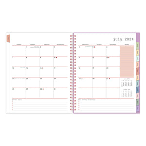 July 2024 - June 2025 Planner featuring a monthly spread with lined writing space, bullet points, and squares for each date of the month.