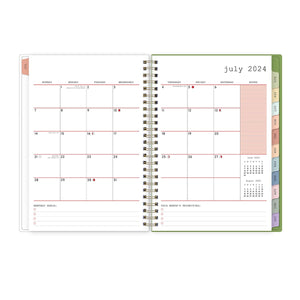 July 2024 - June 2025 Planner featuring a monthly spread with lined writing space, bullet points, and squares for each date of the month.
