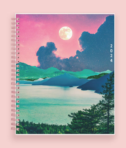 WAAV 2024 Planner named megan featured a relaxing lake front view with mountainous background, starlight skies, moon, and nature in a 7x9 planner size. 