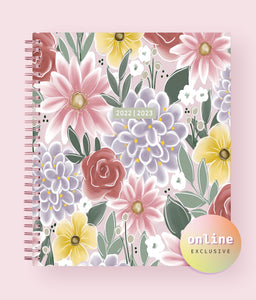 2022-2023 8x10 18-month academic planner featuring pruple, pink, and yellow flowers.