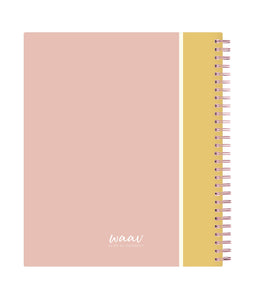Simple yet versatile, this WAAV 2022-2023 18-month weekly planning calendar features a solid matte pink and gold stripe front cover in a 8x10 planner size.