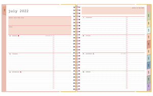 July 2022 - June 2023 weekly monthly planner notes featuring a weekly spread with ample lined writing space, bullet points, goals, weekly self-care plan, and multi-colored monthly tabs in a 8x10 planner size