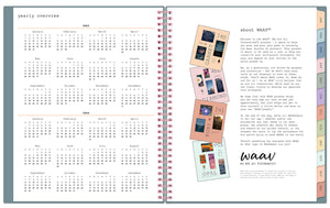 the 2023 waav planner in 8.5x11 planner size includes a yearly overview for 2022 and 2023 alongside WAAV's mission.
