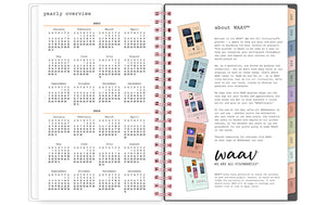 the 2023 waav planner in 5x8 planner size includes a yearly overview for 2022 and 2023 alongside WAAV's mission.