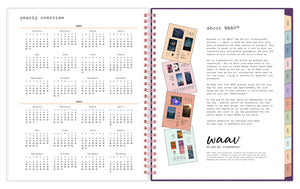 the 2023 waav planner in 7x9 planner size includes a yearly overview for 2022 and 2023 alongside WAAV's mission.