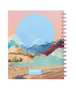 Enjoy the WAAV experience with this 2023 7x9 weekly monthly planner featuring a beautiful artistic cover highlighting moutnains, sandy hills, stretch of road, and moon also as a backcover