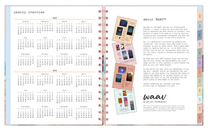 the 2023 waav planner in 7x9 planner size includes a yearly overview for 2022 and 2023 alongside WAAV's mission.