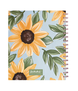 This beautiful 2023 waav planner in 7x9 size features a pleasant and calm sunflower design with light sky blue background and gold binding, this design is also present on the backcover